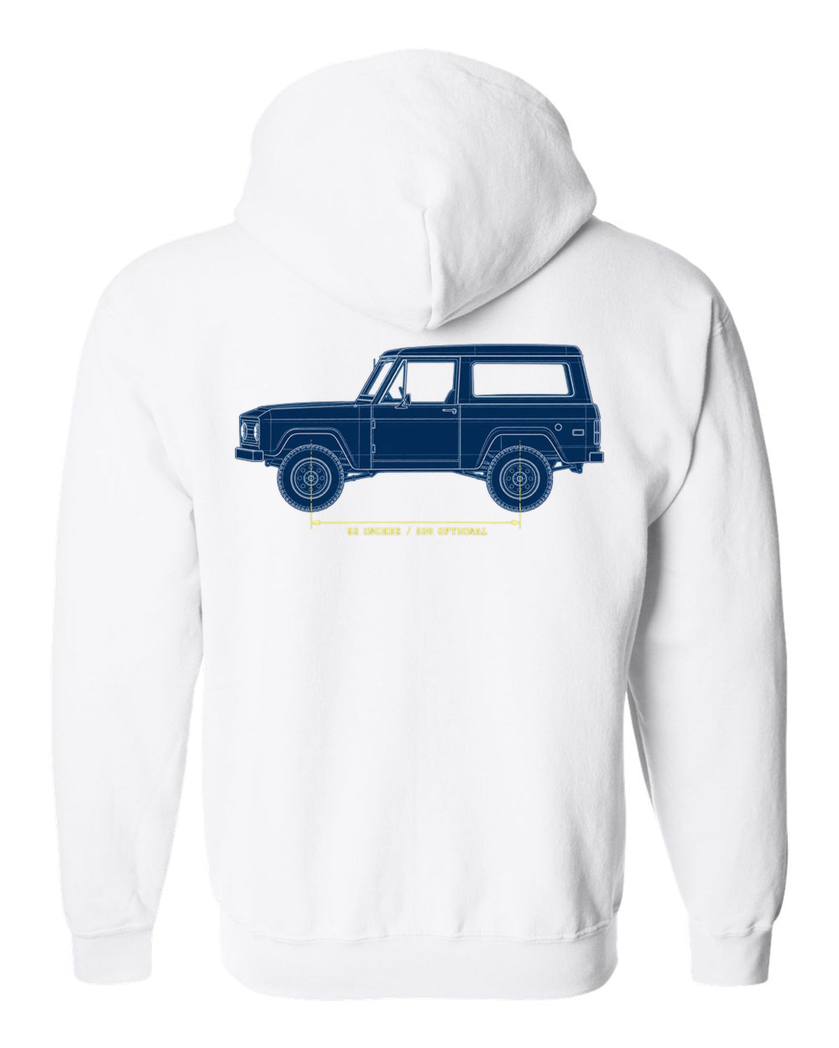 Patent-sheet blueprint drawing of a 1966-77 Ford Bronco U15 wagon with 92 INCHES and 289 OPTIONAL notes white zip hoodie back view with the design
