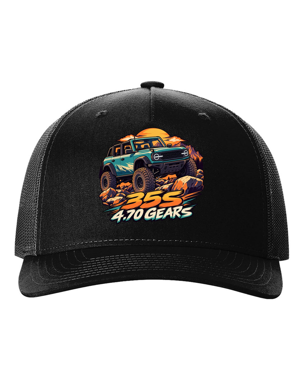 Ford Bronco 6G four-door Sasquatch in a cel-shaded anime print black hat front view with the design