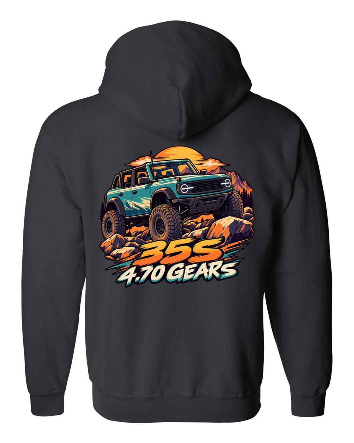 Ford Bronco 6G four-door Sasquatch in a cel-shaded anime print black zip hoodie back view with the design