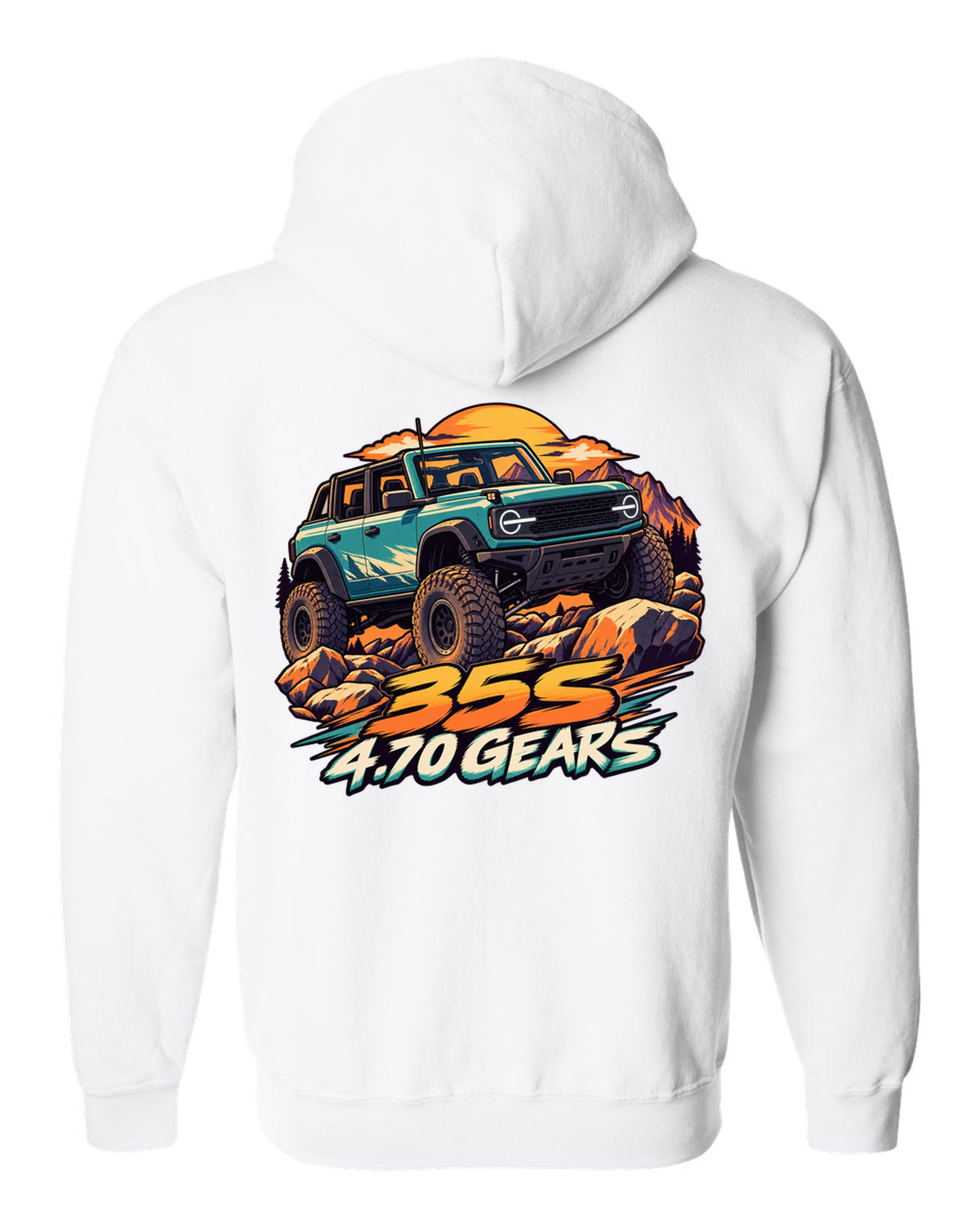 Ford Bronco 6G four-door Sasquatch in a cel-shaded anime print white zip hoodie back view with the design