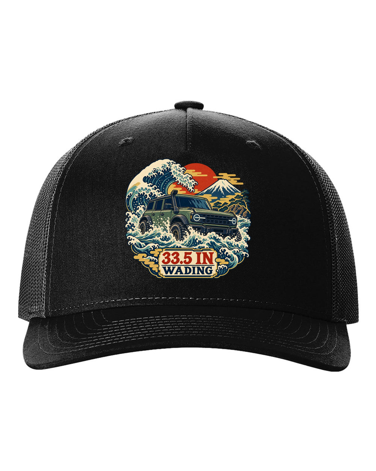 Ford Bronco 6G four-door with snorkel wading a wave in an ukiyo-e print black hat front view with the design