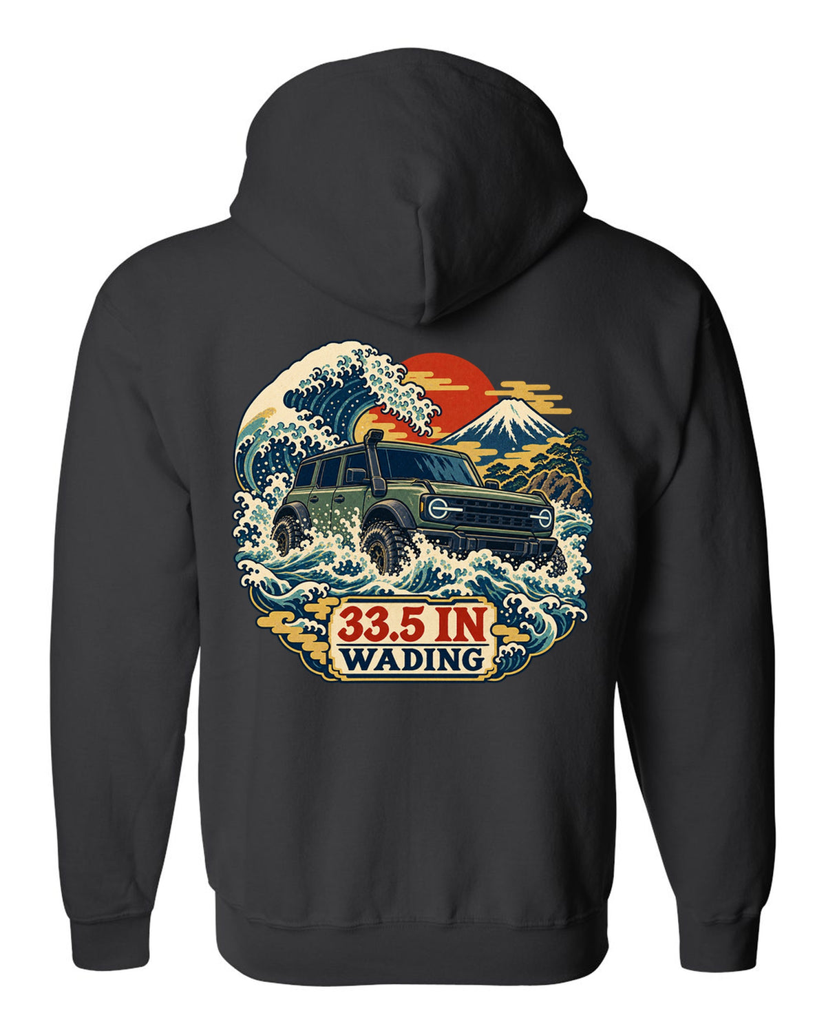 Ford Bronco 6G four-door with snorkel wading a wave in an ukiyo-e print black zip hoodie back view with the design