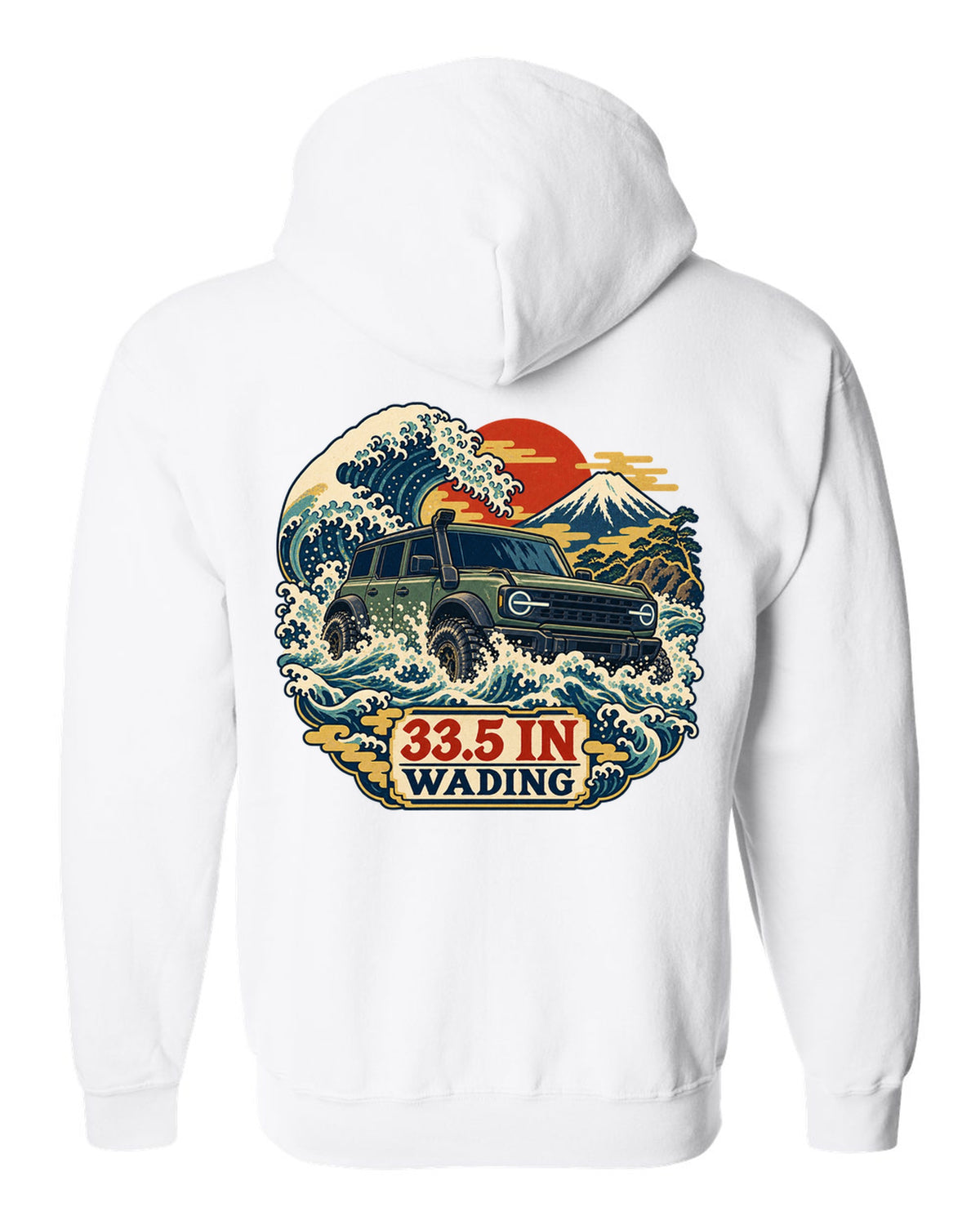 Ford Bronco 6G four-door with snorkel wading a wave in an ukiyo-e print white zip hoodie back view with the design