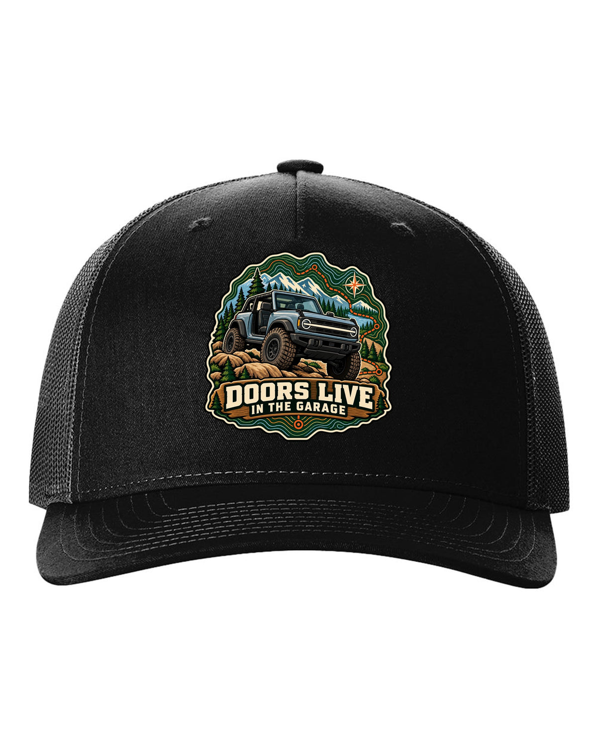 Ford Bronco U725 two-door on a topographic trail route map print black hat front view with the design