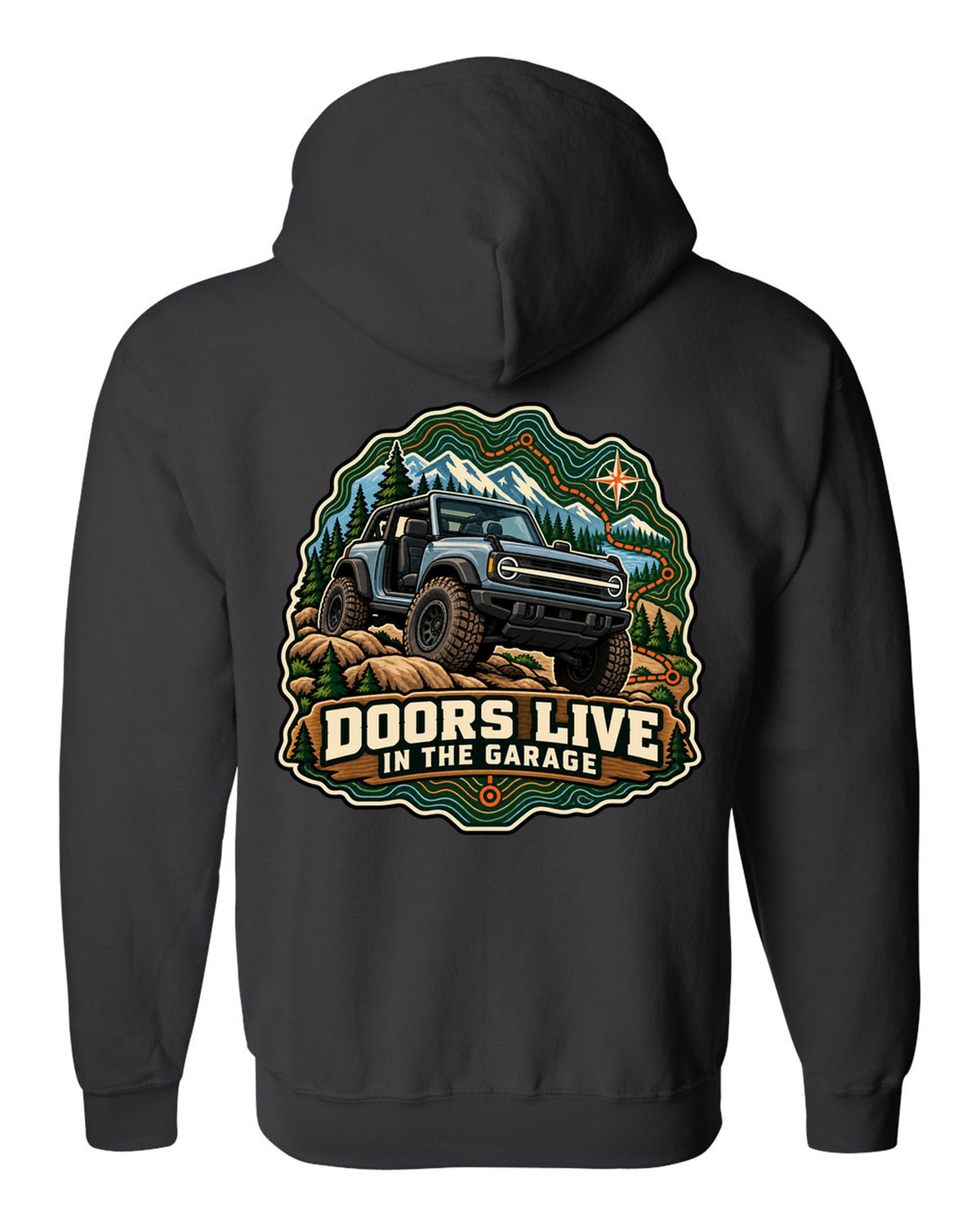 Ford Bronco U725 two-door on a topographic trail route map print black zip hoodie back view with the design