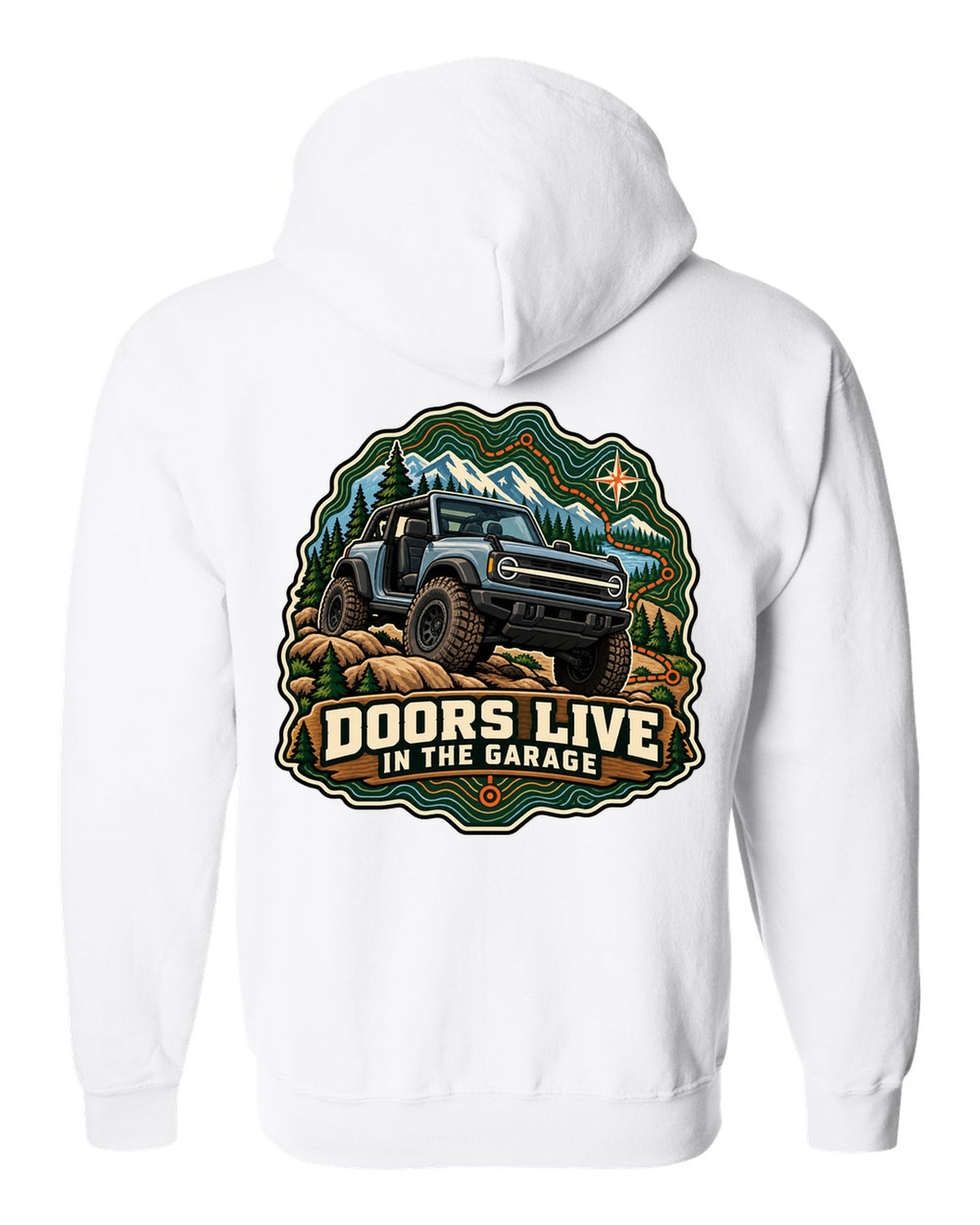 Ford Bronco U725 two-door on a topographic trail route map print white zip hoodie back view with the design