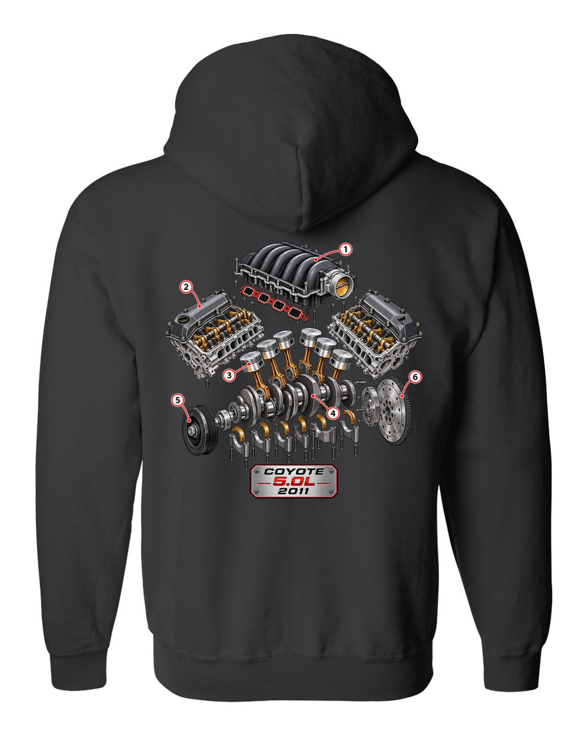 Isometric exploded cutaway of a Ford Coyote 5.0L engine for the S197 Mustang black zip hoodie back view with the design