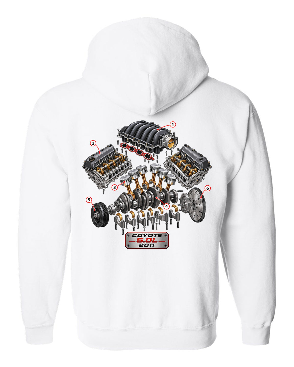 Isometric exploded cutaway of a Ford Coyote 5.0L engine for the S197 Mustang white zip hoodie back view with the design