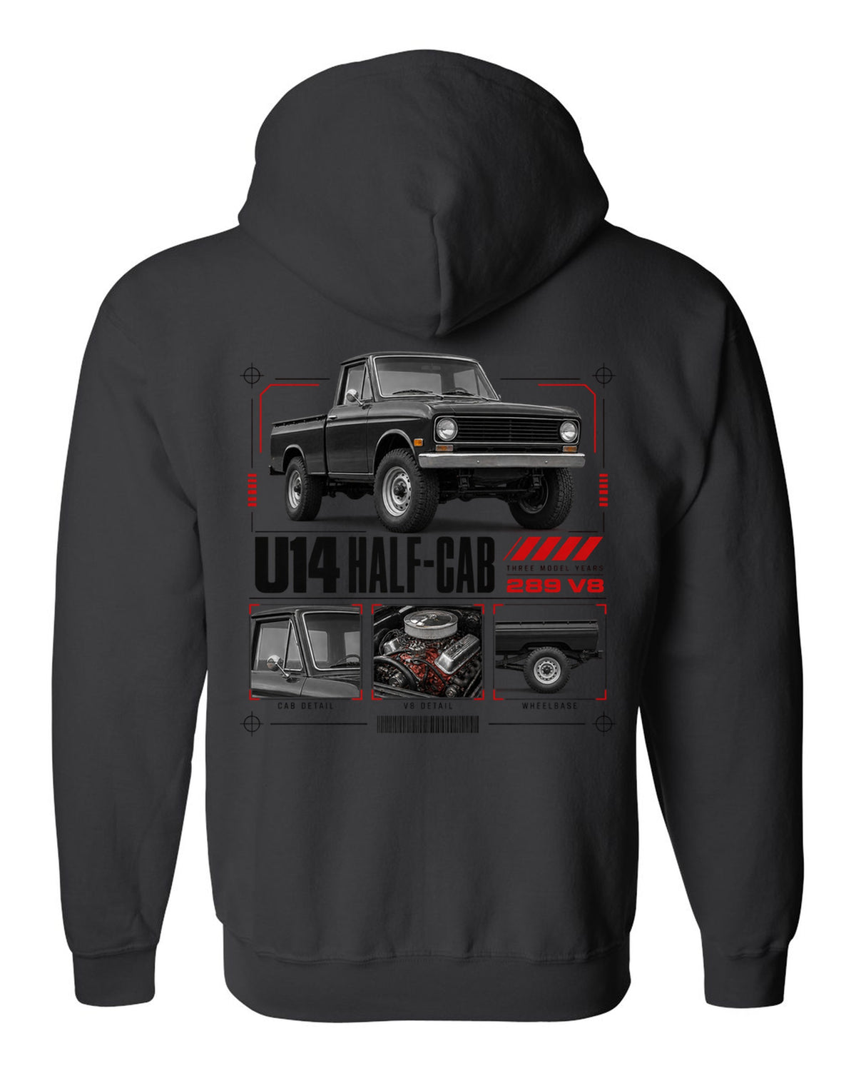 Ford Early Bronco U14 half-cab dossier panel print with 289 V8 and three model years black zip hoodie back view with the design