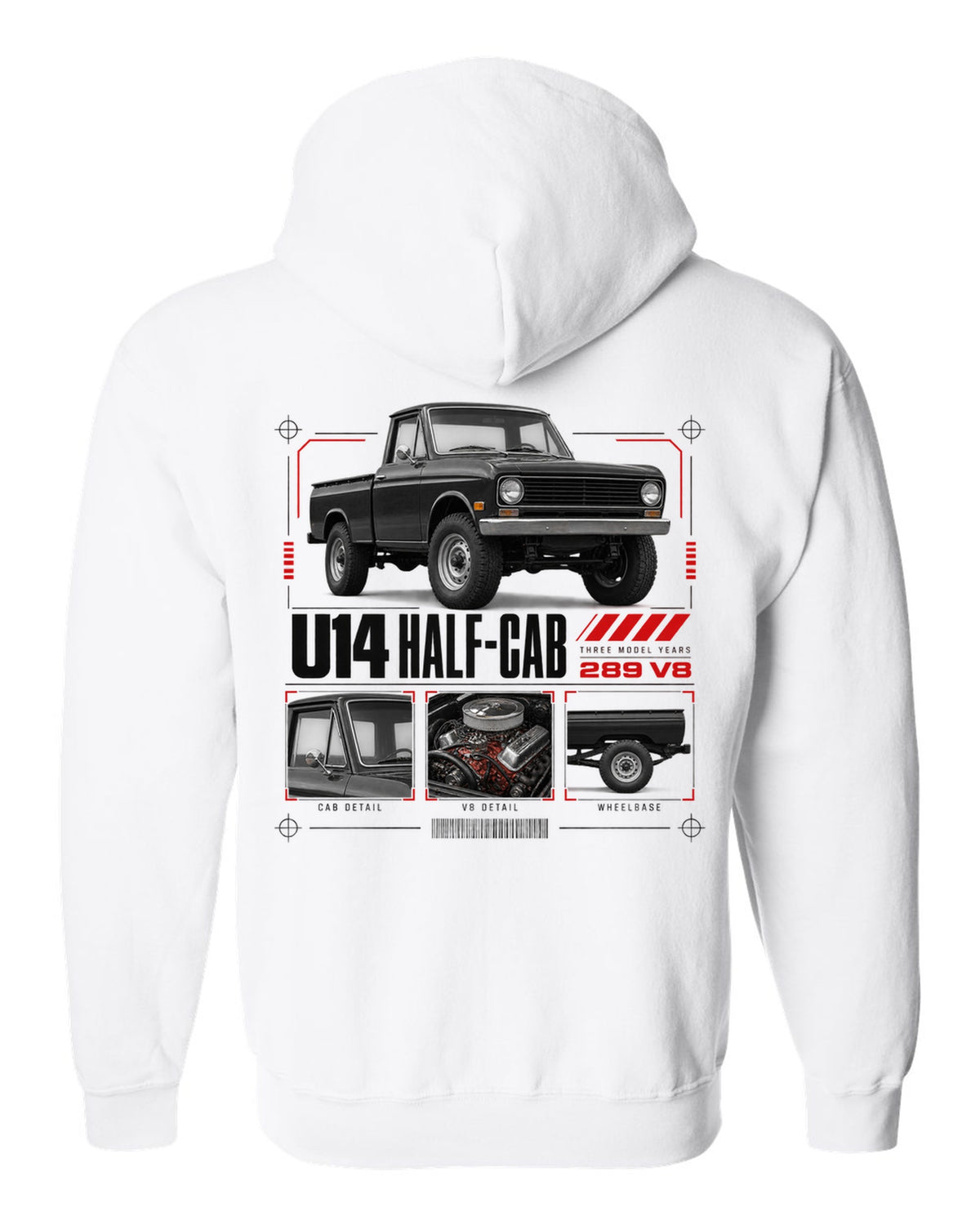 Ford Early Bronco U14 half-cab dossier panel print with 289 V8 and three model years white zip hoodie back view with the design