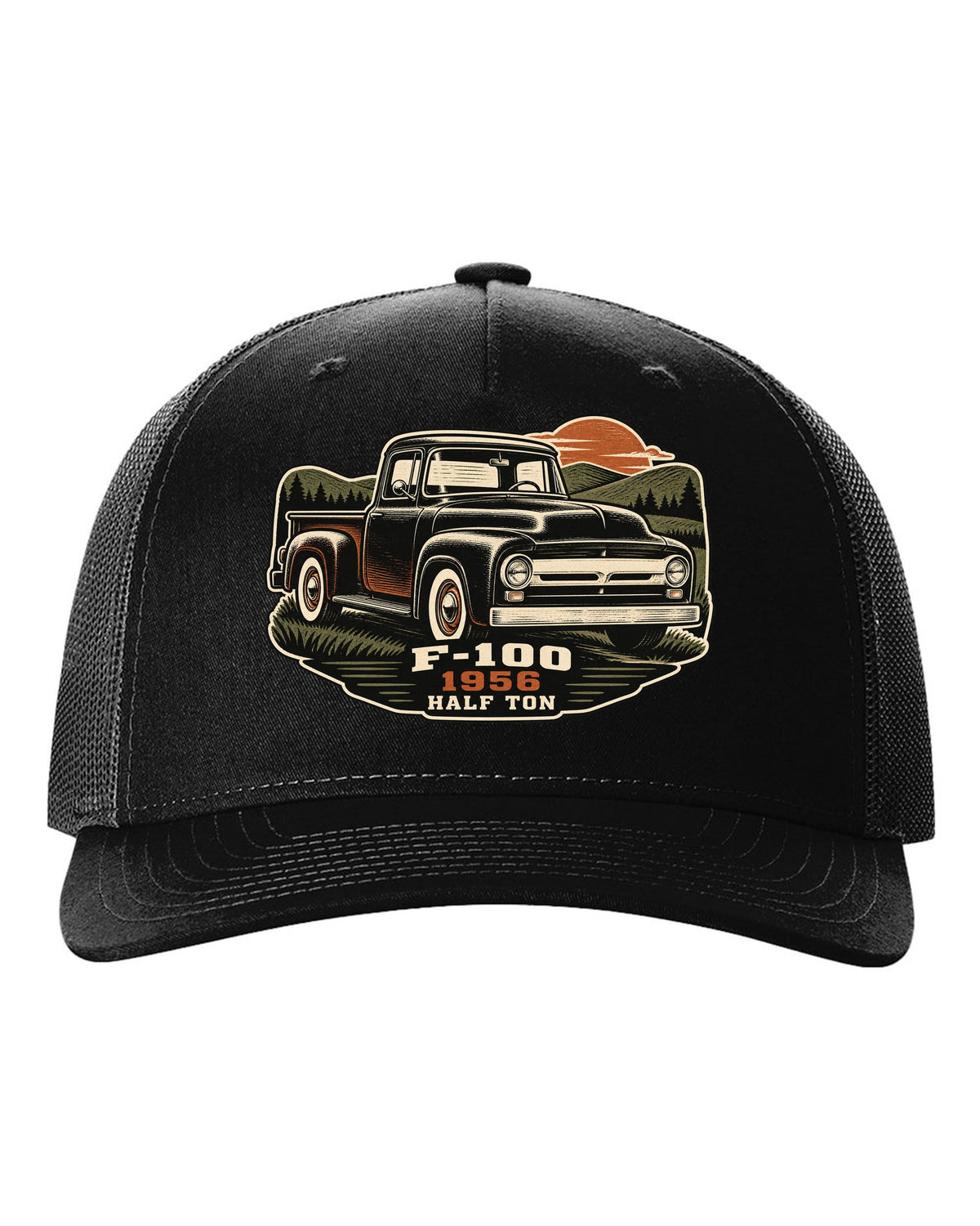 Dusk linocut print of a 1956 Ford F-100 pickup with Half Ton lettering black hat front view with the design
