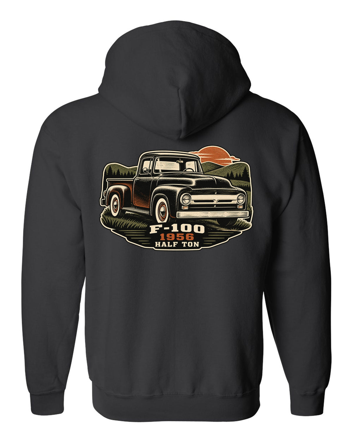 Dusk linocut print of a 1956 Ford F-100 pickup with Half Ton lettering black zip hoodie back view with the design
