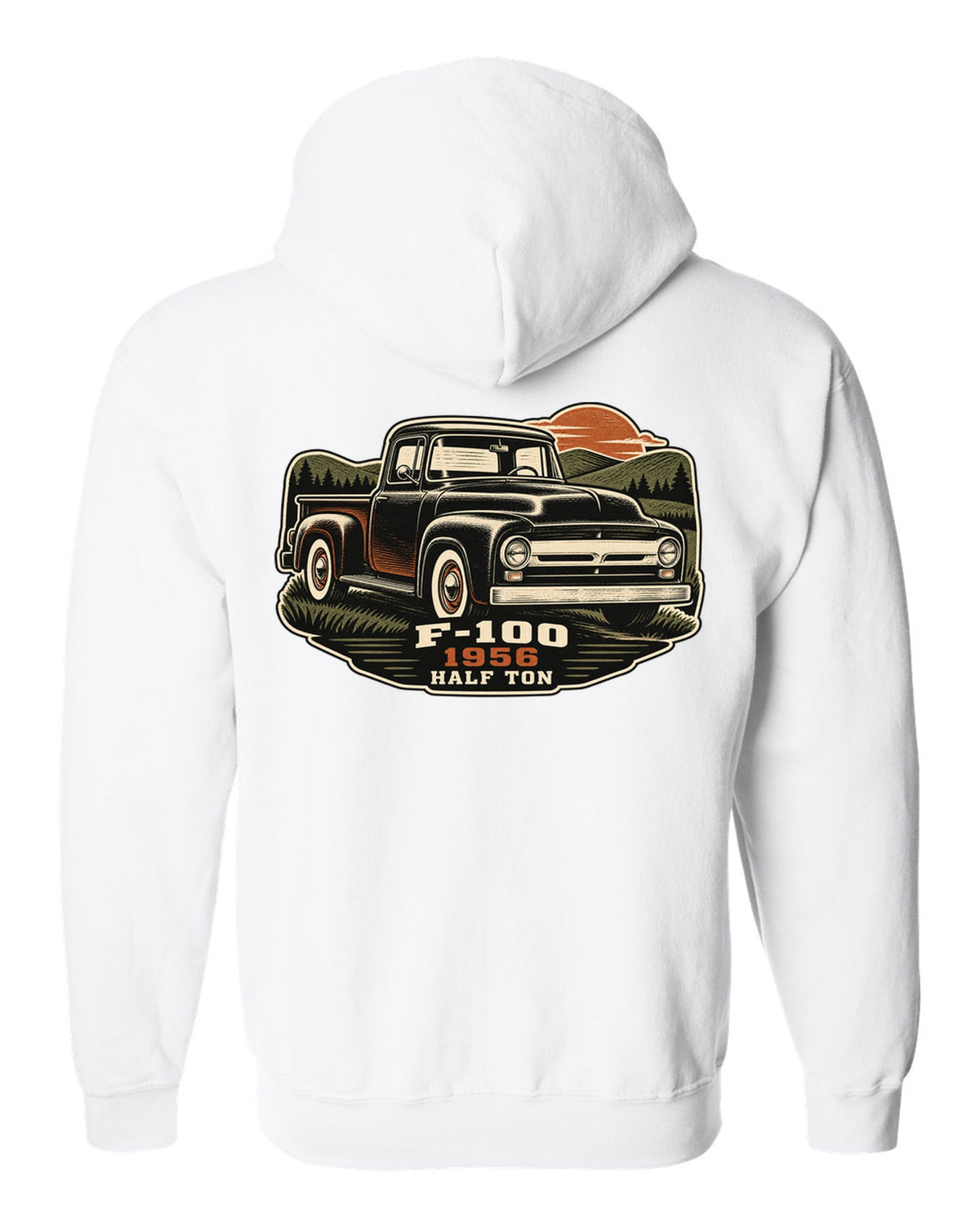 Dusk linocut print of a 1956 Ford F-100 pickup with Half Ton lettering white zip hoodie back view with the design