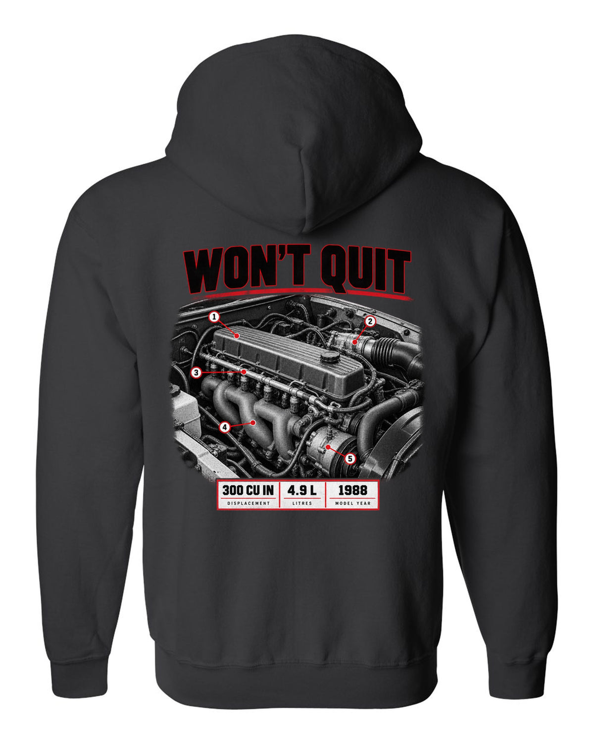 Engine print of a 1987-91 Ford F-150 Brick-Nose 4.9 inline six with 300 cu in text black zip hoodie back view with the design