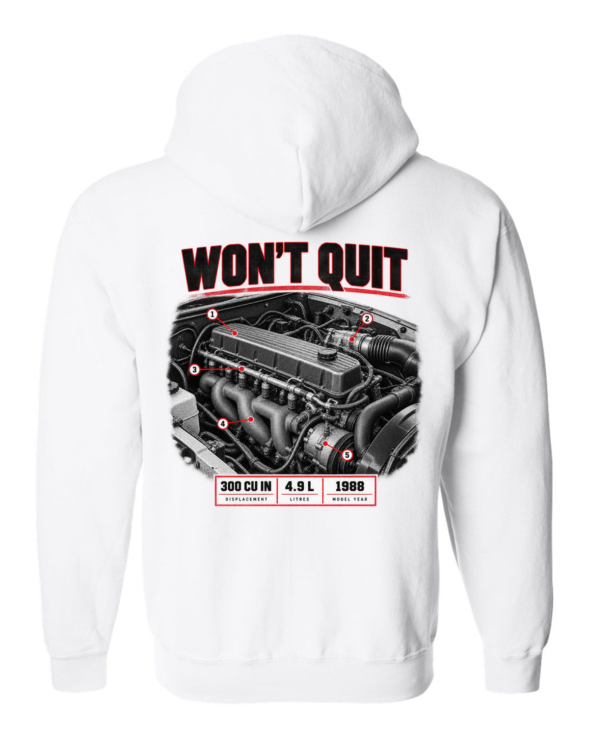 Engine print of a 1987-91 Ford F-150 Brick-Nose 4.9 inline six with 300 cu in text white zip hoodie back view with the design