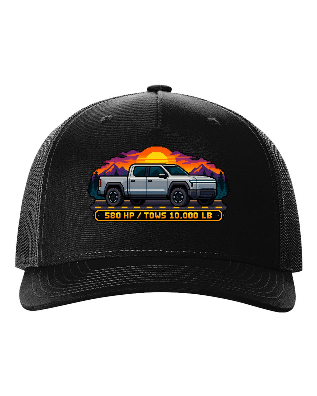 Ford F-150 Lightning 16-bit pixel art print with 580 HP and 10,000 lb towing text black hat front view with the design