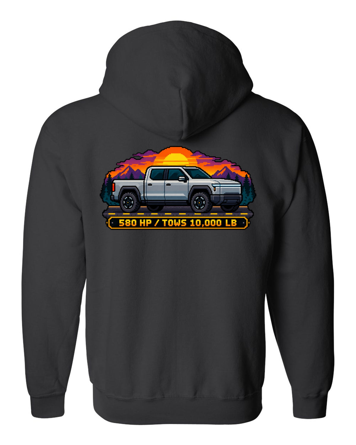 Ford F-150 Lightning 16-bit pixel art print with 580 HP and 10,000 lb towing text black zip hoodie back view with the design