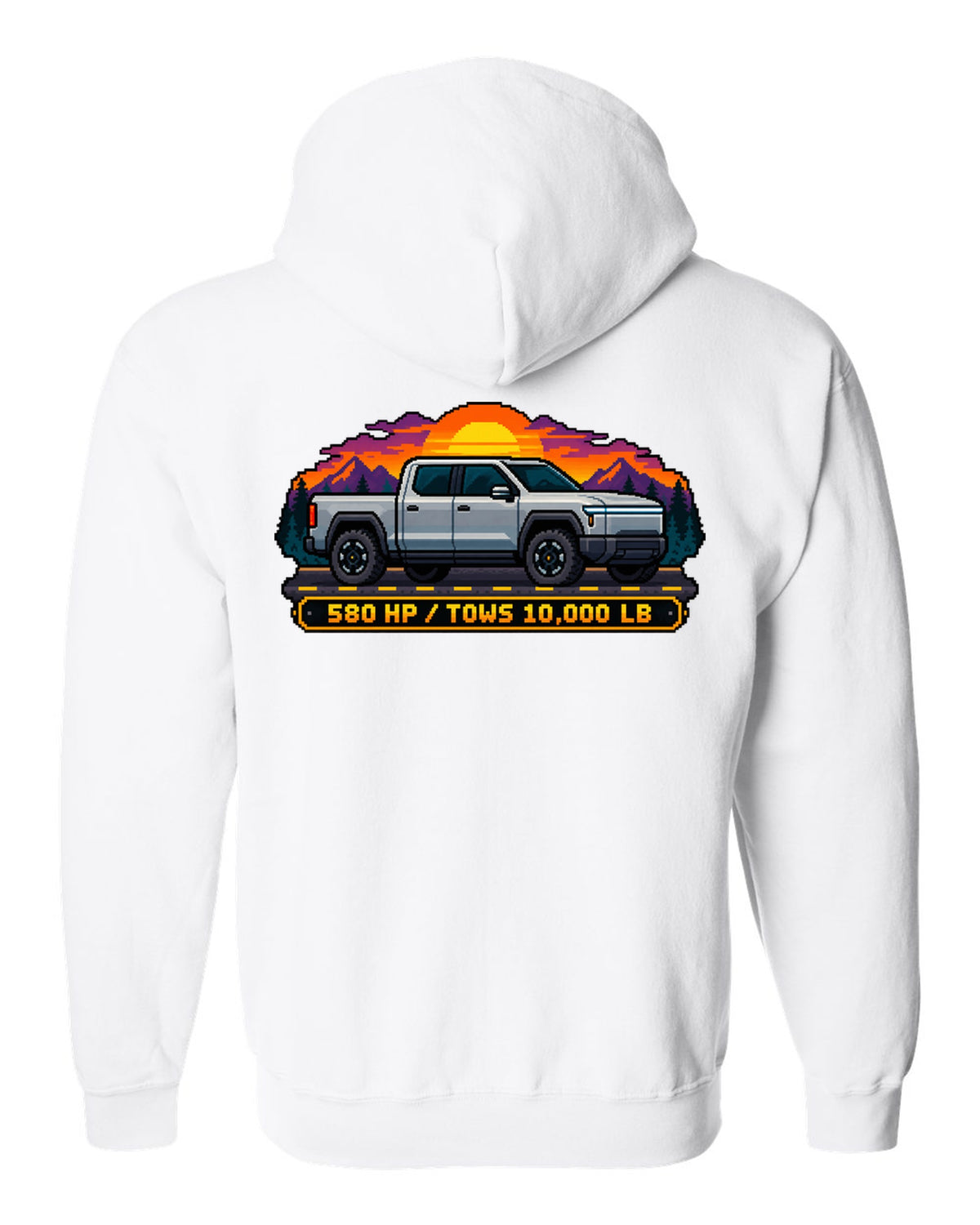 Ford F-150 Lightning 16-bit pixel art print with 580 HP and 10,000 lb towing text white zip hoodie back view with the design