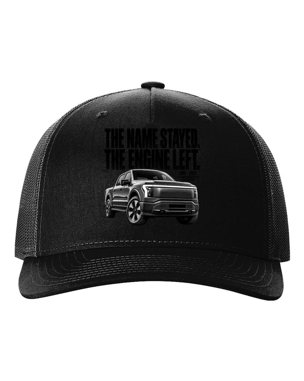 Halftone Ford F-150 Lightning 2022 front three-quarter with 1999 versus 2022 text black hat front view with the design