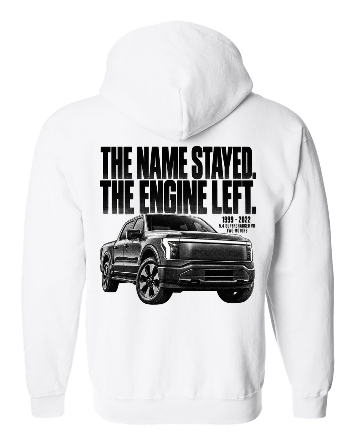 Halftone Ford F-150 Lightning 2022 front three-quarter with 1999 versus 2022 text white zip hoodie back view with the design