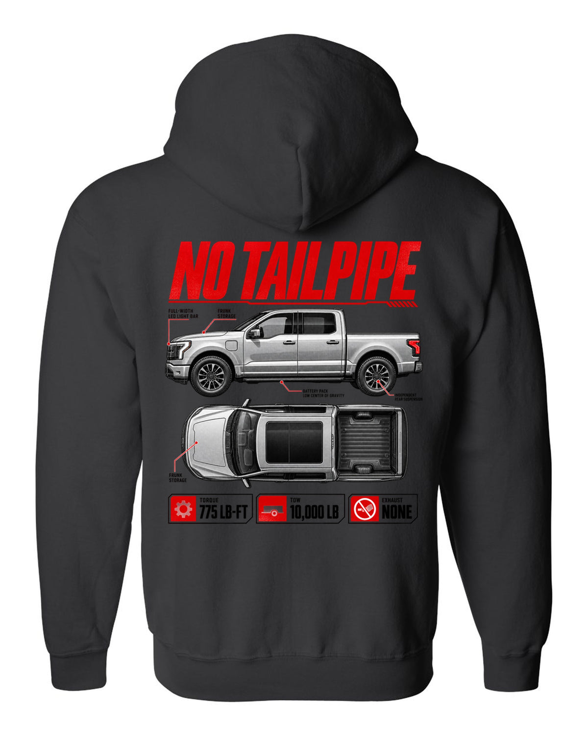Ford F-150 Lightning 2022 top-down and profile spec sheet poster black zip hoodie back view with the design