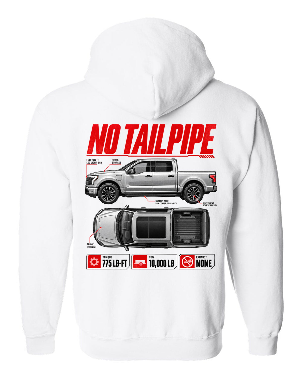 Ford F-150 Lightning 2022 top-down and profile spec sheet poster white zip hoodie back view with the design