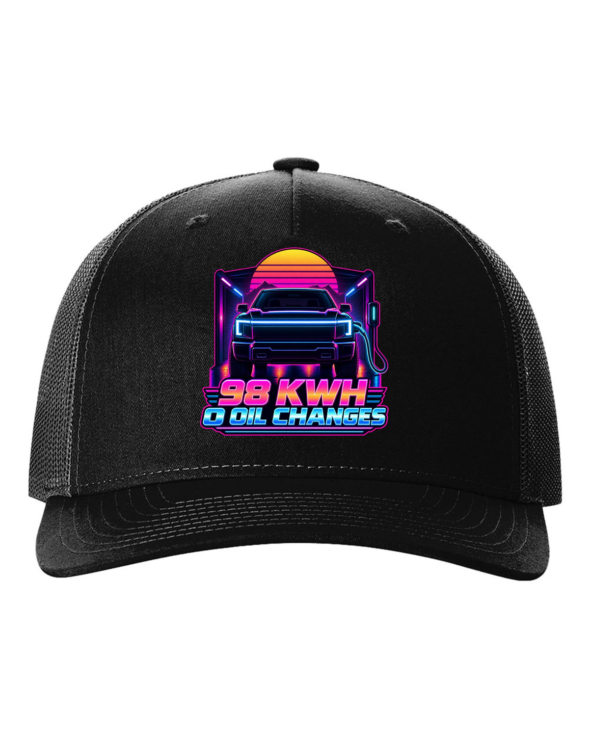 Ford F-150 Lightning EV with lightbar in a neon synthwave outline print black hat front view with the design