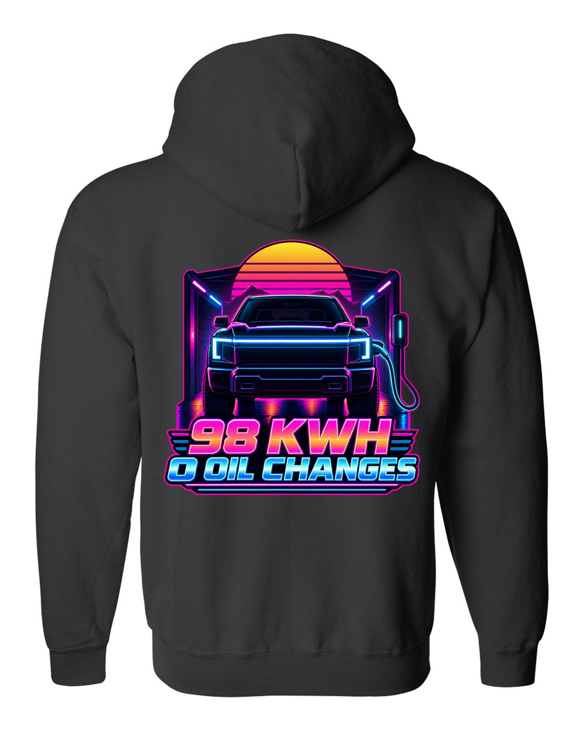 Ford F-150 Lightning EV with lightbar in a neon synthwave outline print black zip hoodie back view with the design