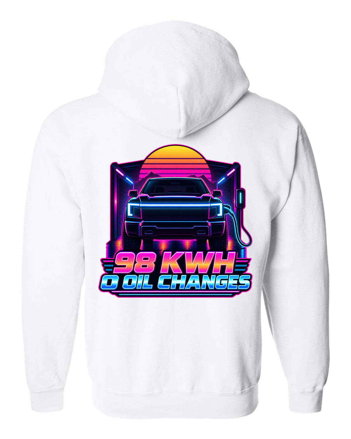 Ford F-150 Lightning EV with lightbar in a neon synthwave outline print white zip hoodie back view with the design