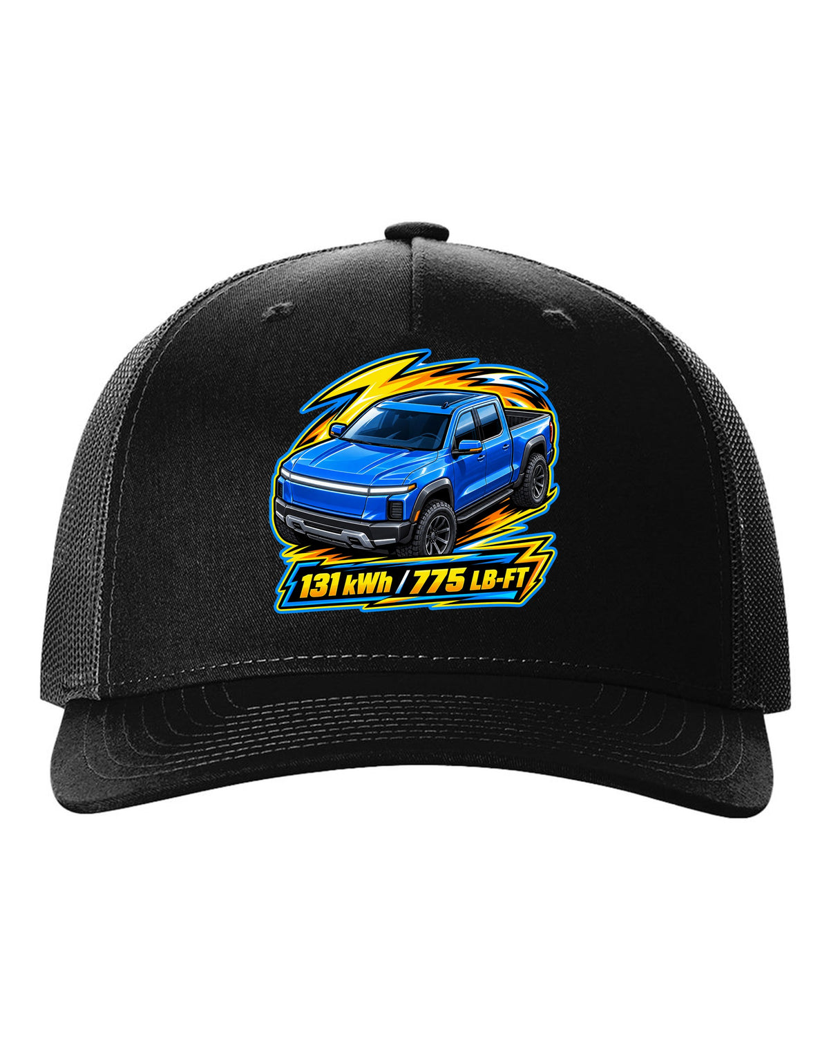 Ford F-150 Lightning EV on a die-cast toy card style print black hat front view with the design