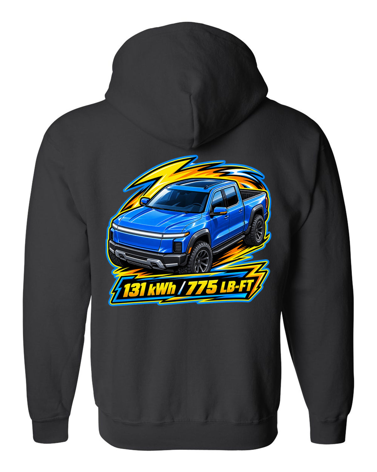 Ford F-150 Lightning EV on a die-cast toy card style print black zip hoodie back view with the design