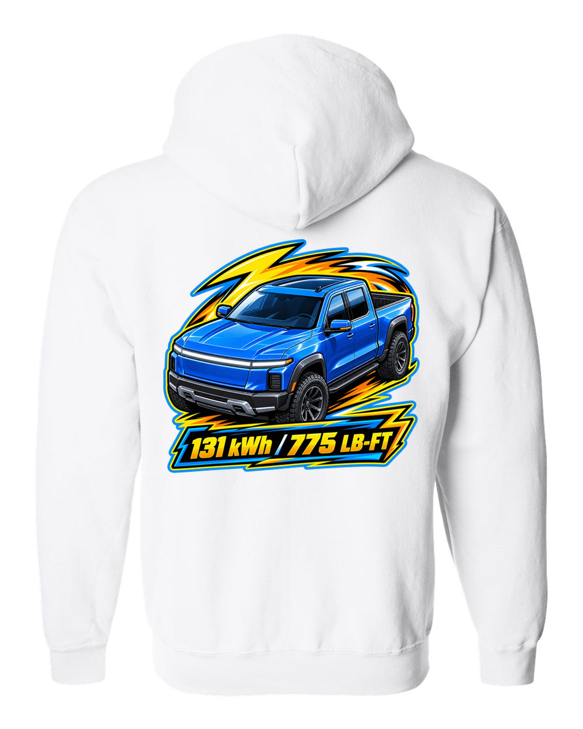 Ford F-150 Lightning EV on a die-cast toy card style print white zip hoodie back view with the design