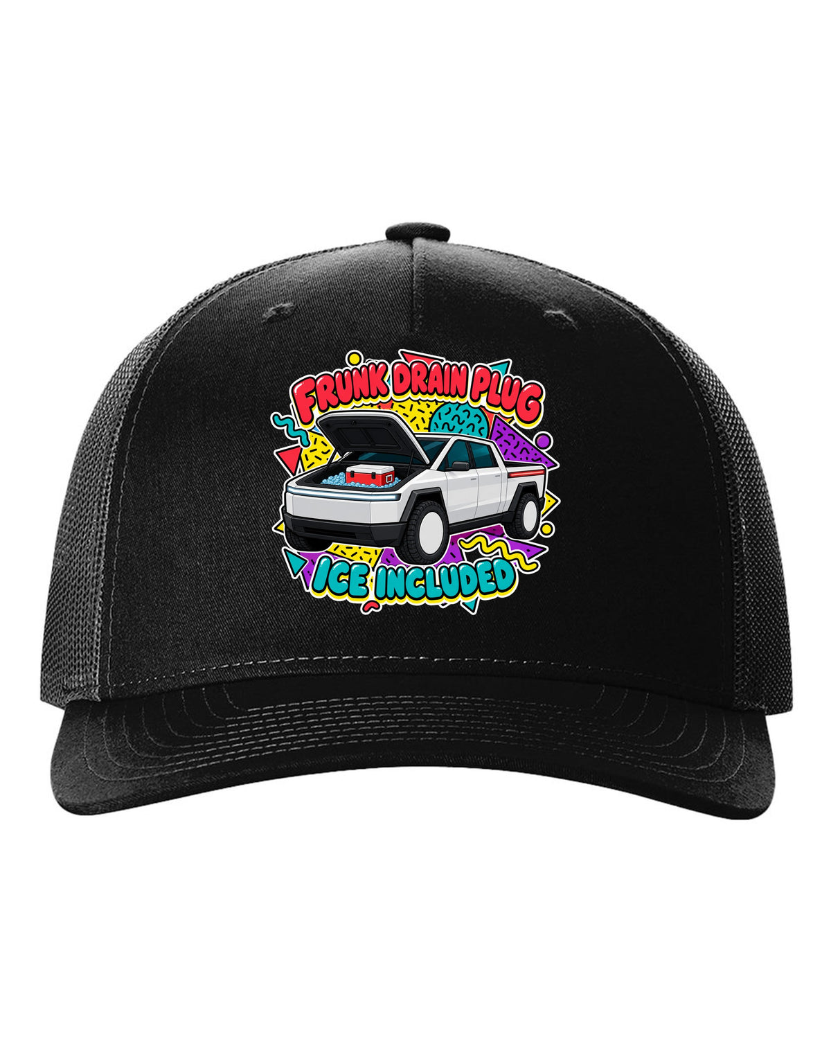 Ford F-150 Lightning retro sticker sheet print about the frunk drain plug and ice black hat front view with the design