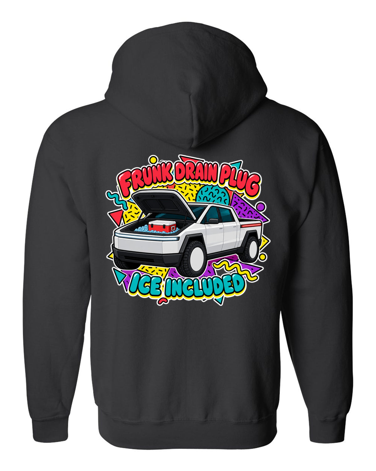 Ford F-150 Lightning retro sticker sheet print about the frunk drain plug and ice black zip hoodie back view with the design