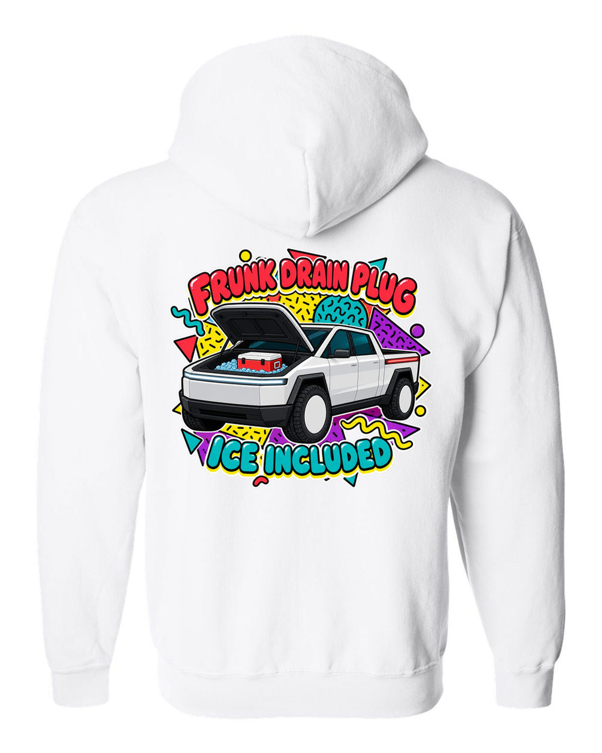 Ford F-150 Lightning retro sticker sheet print about the frunk drain plug and ice white zip hoodie back view with the design
