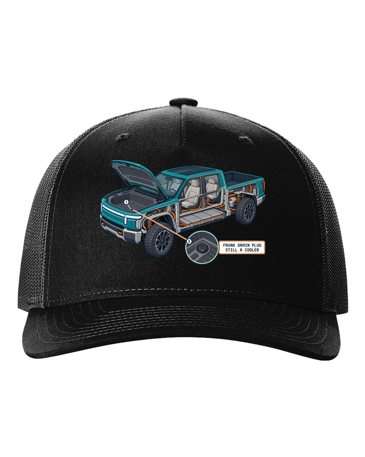 Ford F-150 Lightning isometric cutaway print showing the frunk drain plug black hat front view with the design