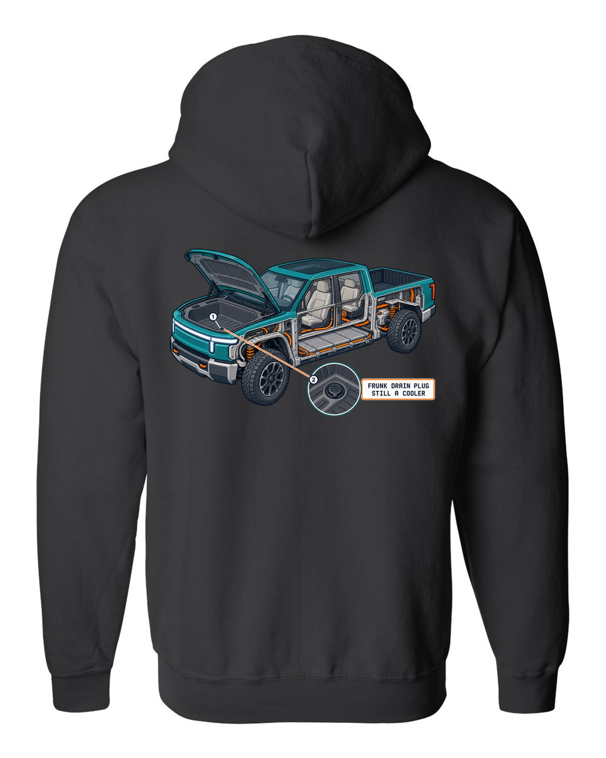 Ford F-150 Lightning isometric cutaway print showing the frunk drain plug black zip hoodie back view with the design