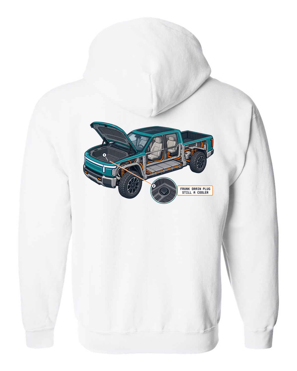 Ford F-150 Lightning isometric cutaway print showing the frunk drain plug white zip hoodie back view with the design