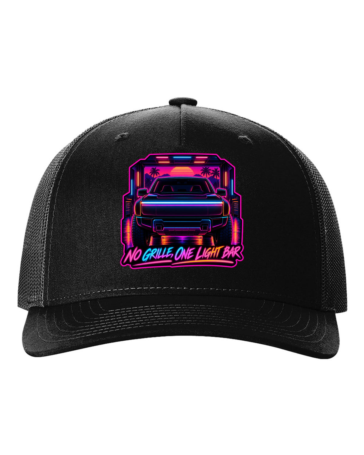 Ford F-150 Lightning neon synthwave glow print with no grille and one light bar text black hat front view with the design