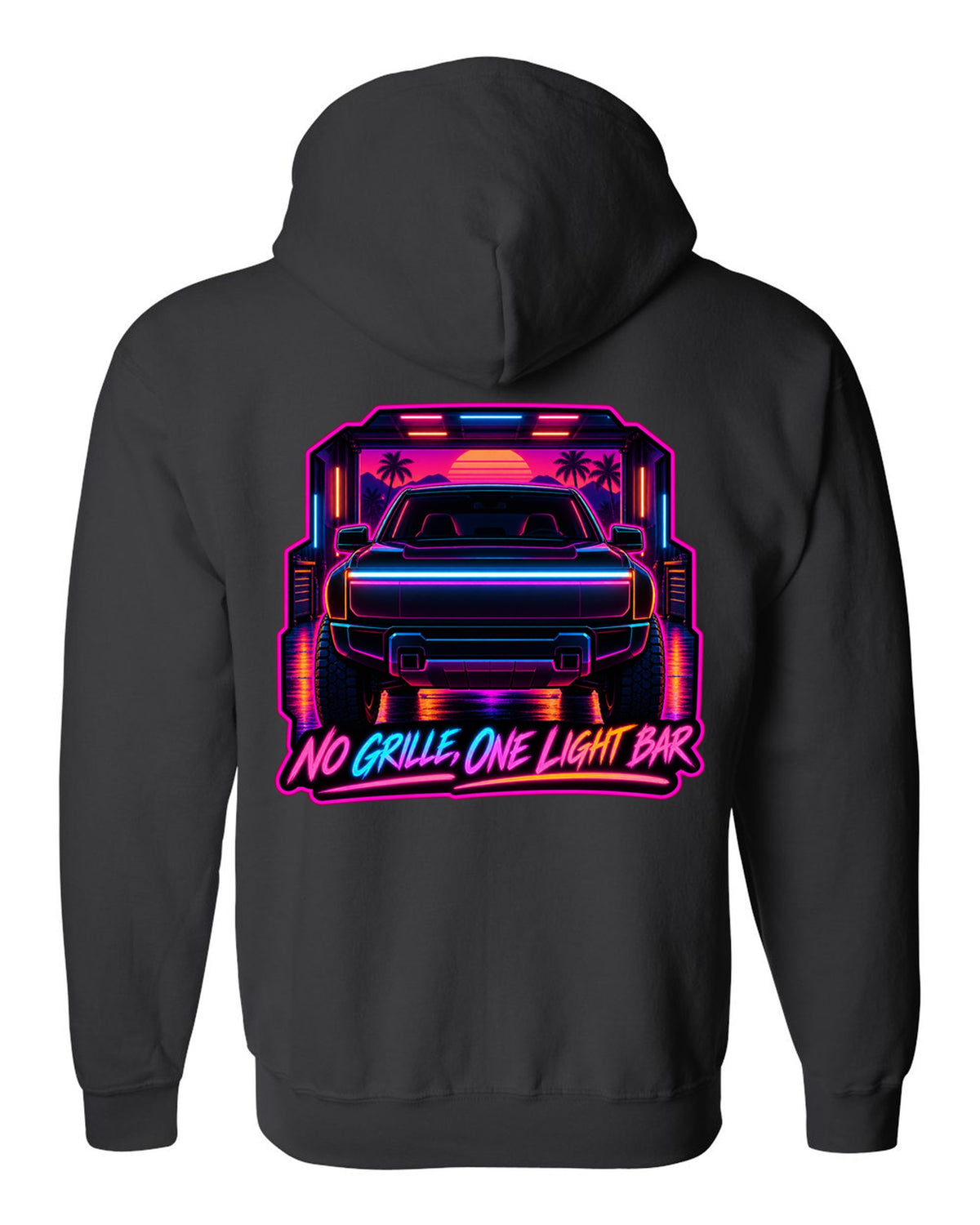 Ford F-150 Lightning neon synthwave glow print with no grille and one light bar text black zip hoodie back view with the design