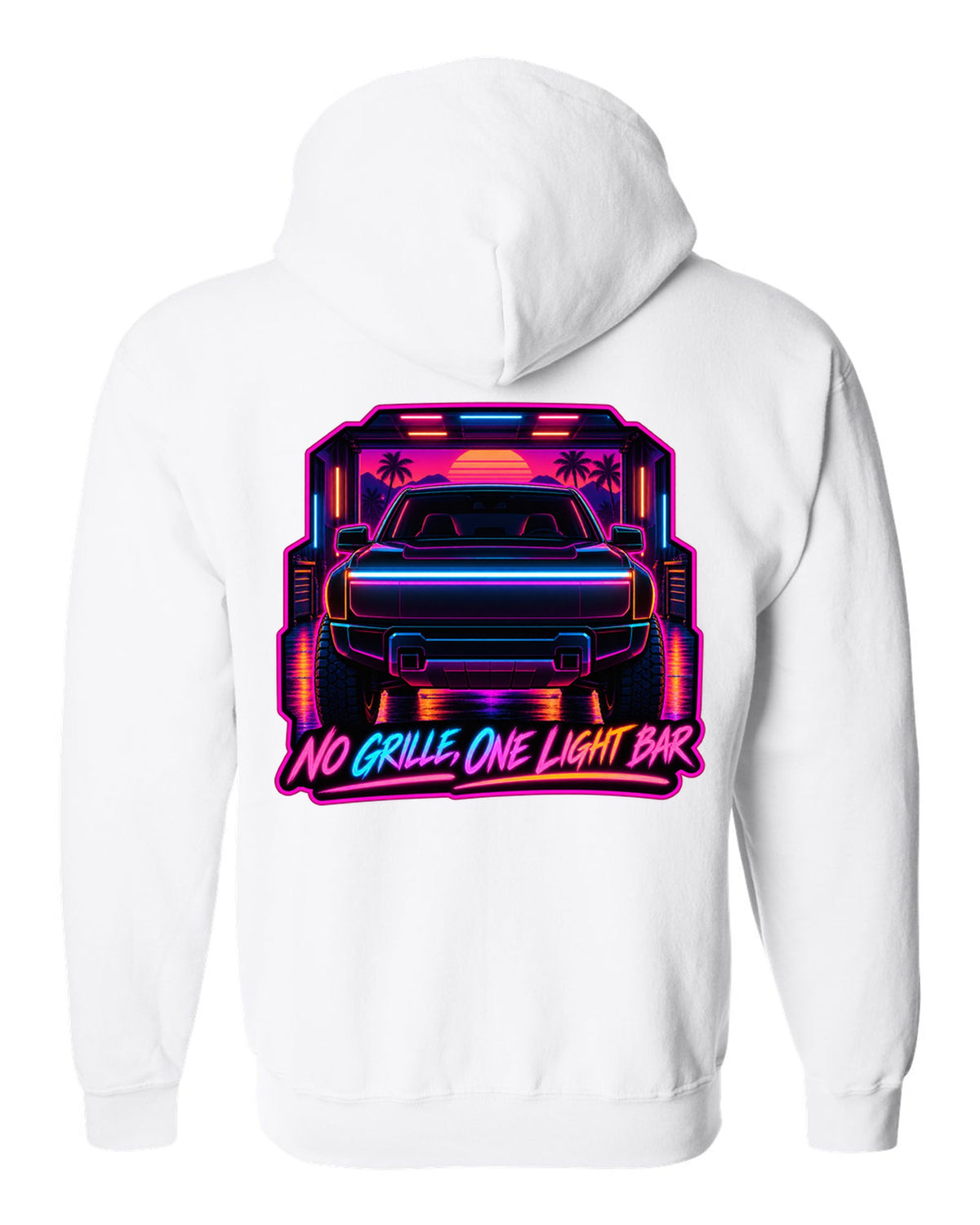 Ford F-150 Lightning neon synthwave glow print with no grille and one light bar text white zip hoodie back view with the design