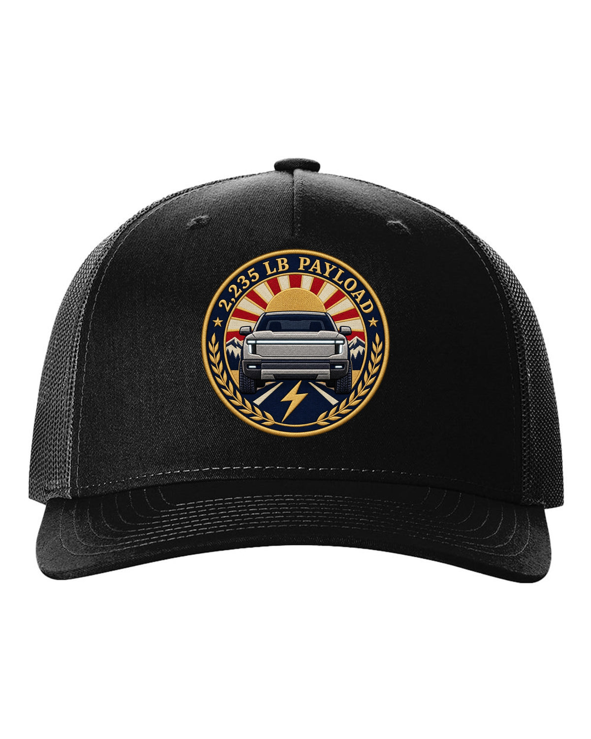 Ford F-150 Lightning embroidery-style round crest with 2,235 lb payload text black hat front view with the design