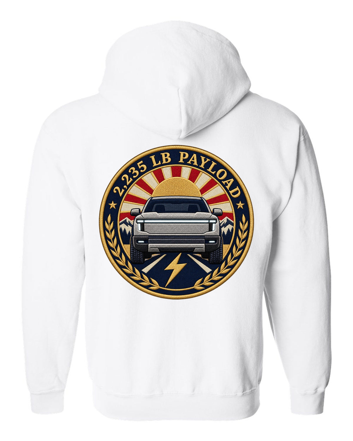 Ford F-150 Lightning embroidery-style round crest with 2,235 lb payload text white zip hoodie back view with the design