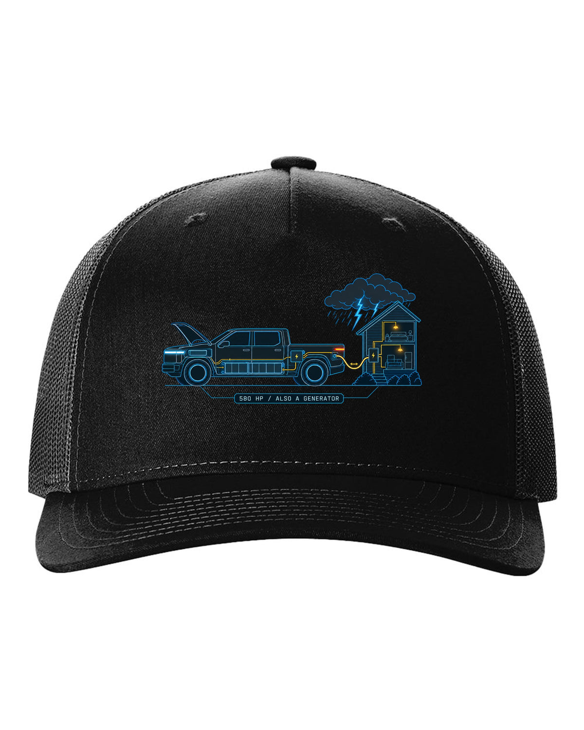 Ford F-150 Lightning electrical schematic diagram print with 580 HP and generator text black hat front view with the design