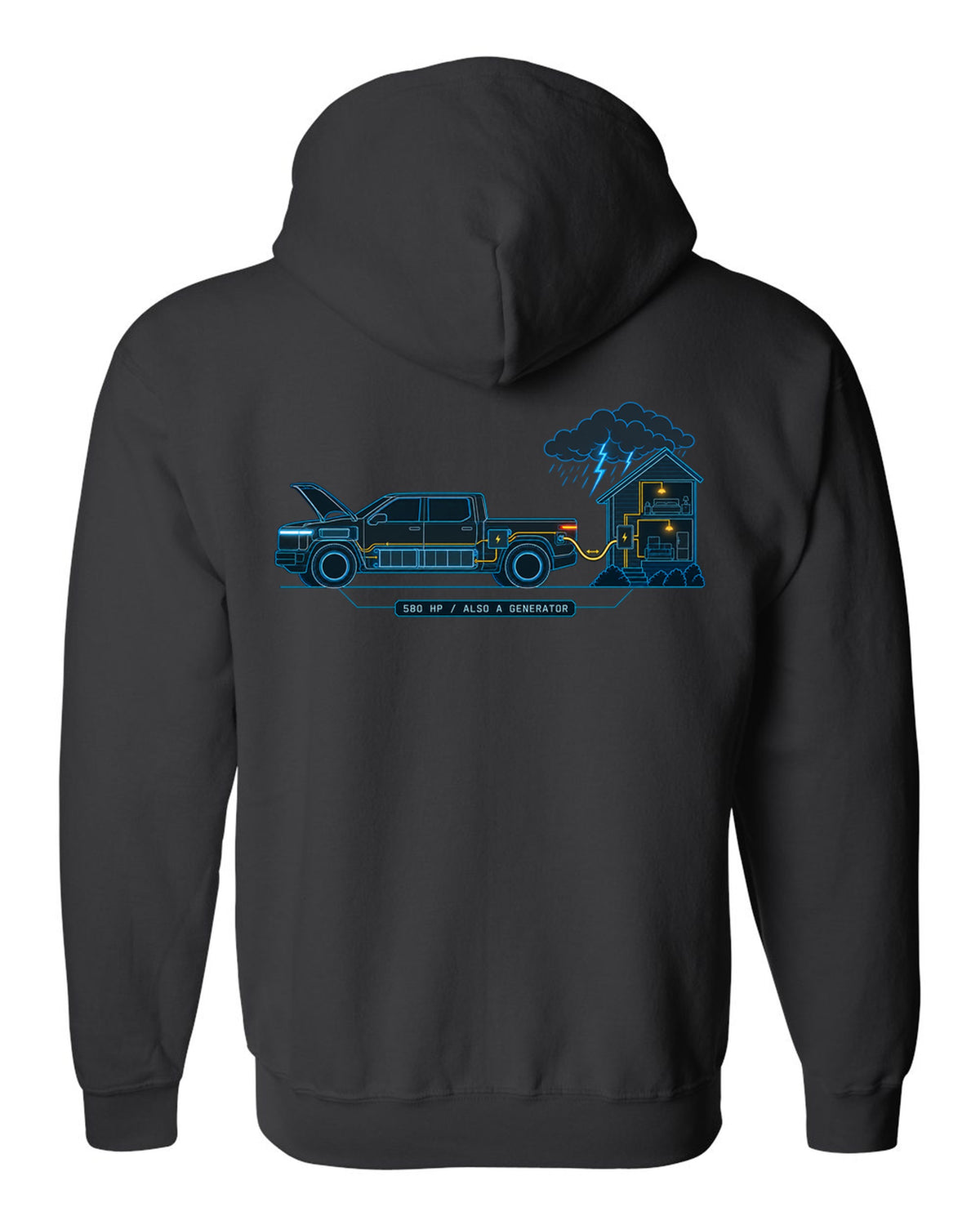 Ford F-150 Lightning electrical schematic diagram print with 580 HP and generator text black zip hoodie back view with the design