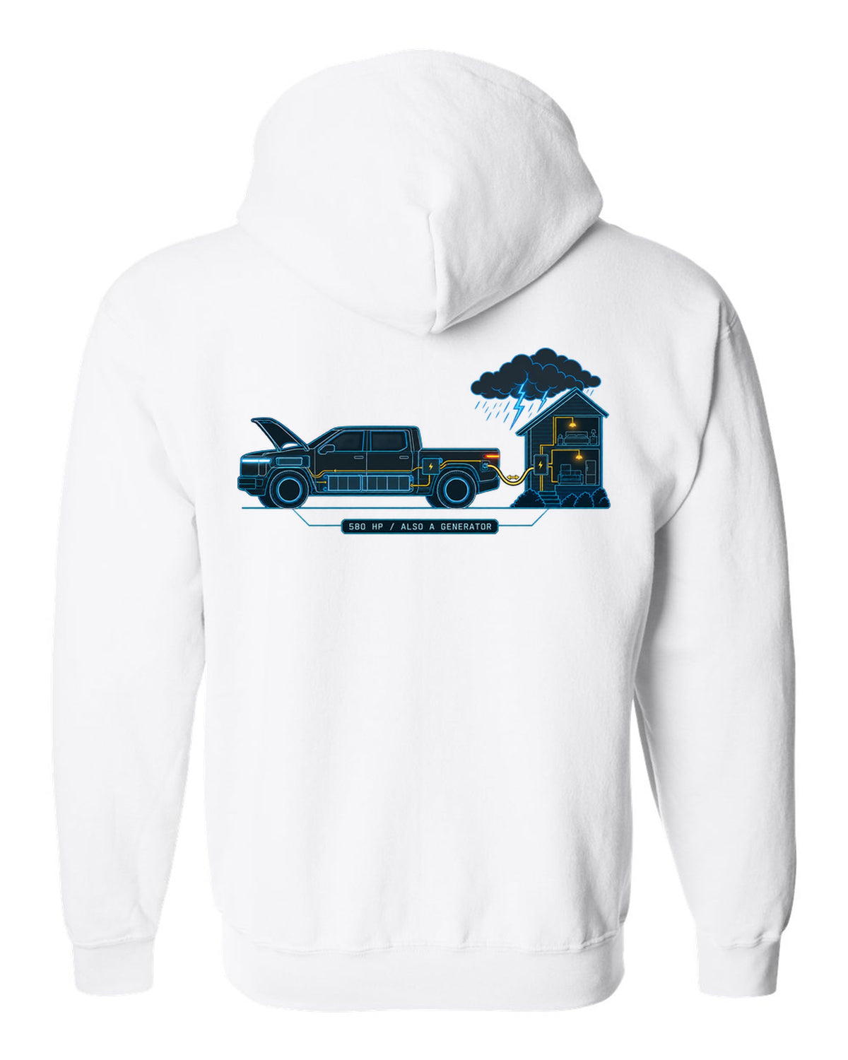 Ford F-150 Lightning electrical schematic diagram print with 580 HP and generator text white zip hoodie back view with the design