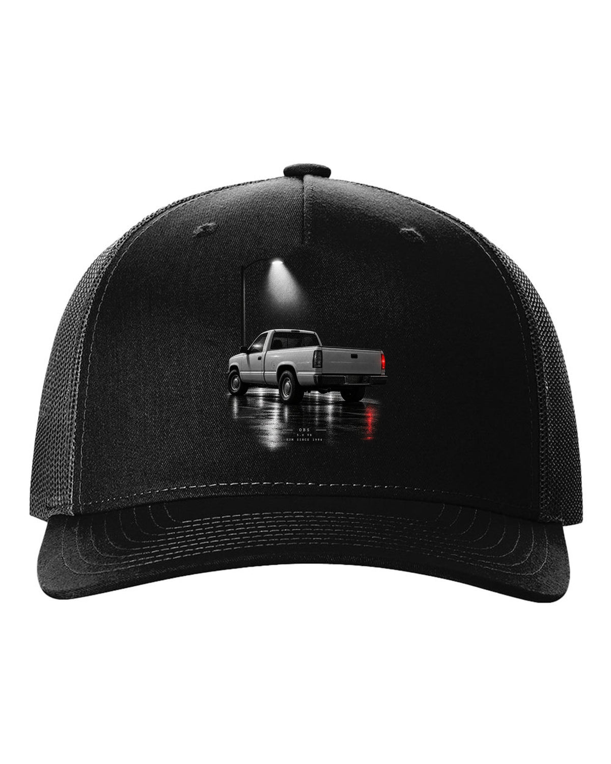 Night garage print of a 1992-97 Ford F-150 OBS truck with 5.0 V8 lettering black hat front view with the design