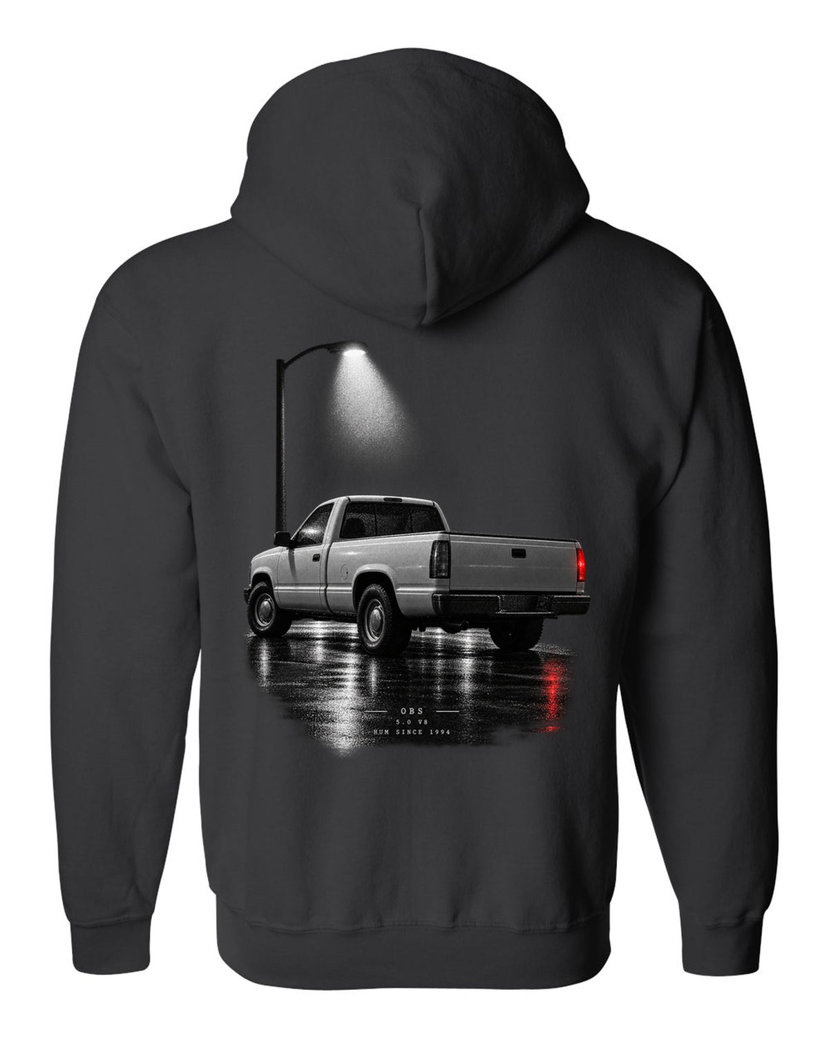 Night garage print of a 1992-97 Ford F-150 OBS truck with 5.0 V8 lettering black zip hoodie back view with the design
