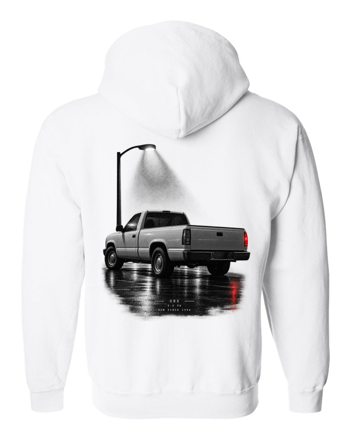 Night garage print of a 1992-97 Ford F-150 OBS truck with 5.0 V8 lettering white zip hoodie back view with the design