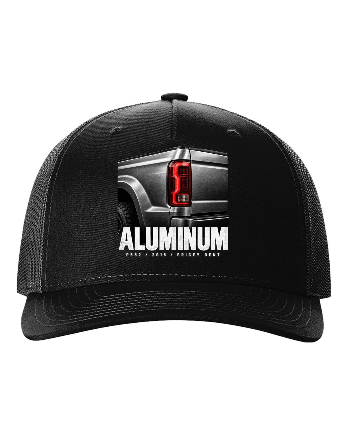 Macro print of a 2015-20 Ford F-150 P552 tailgate with aluminum and pricey dent text black hat front view with the design